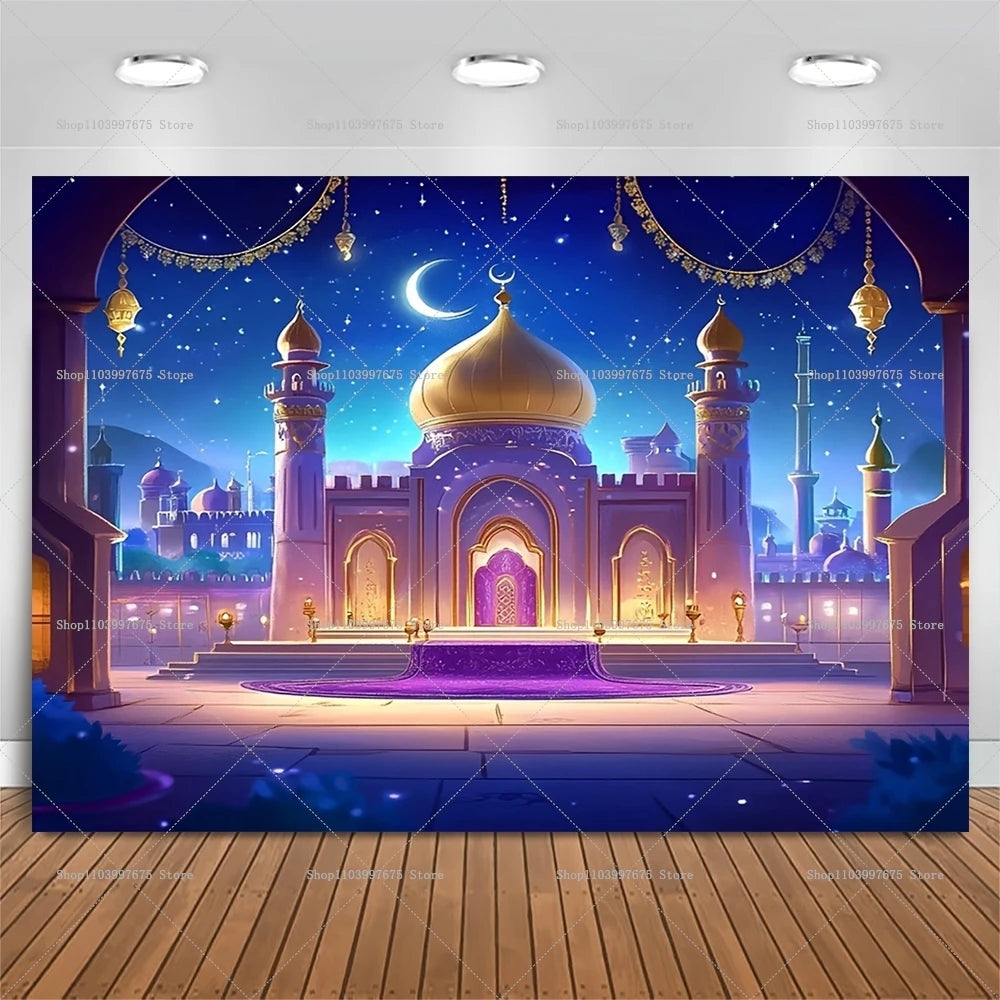 2D Arabian Starry Nights Islamic Palace Party Backdrops Eid Party Decorations Photography Background Banner Photo Booth Props