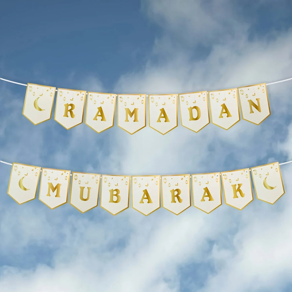 1pc Ramadan Mubarak Banner with Crescent Moon and Stars Paper Garland Decor for Ramadan, Eid Al-Fitr, Universal Celebrations