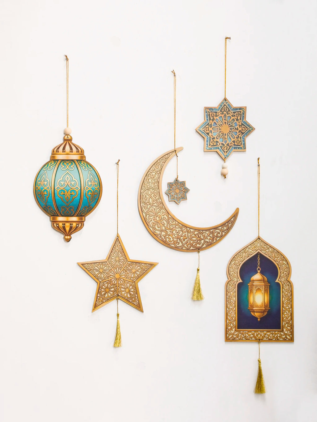 Ramadan Kareem Wall Hanging Decor Islamic Moon Star Lantern Ornaments with Tassel Muslim Festival Decoration for Home Party Gift