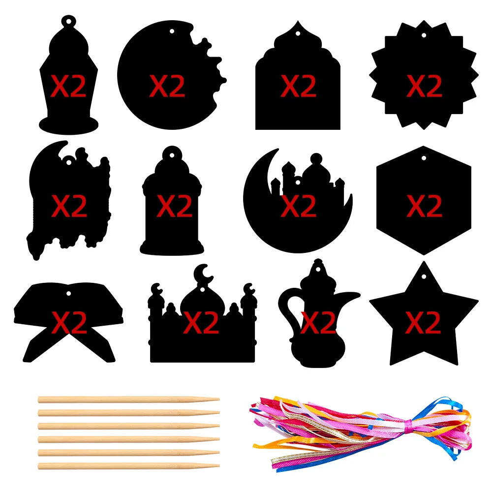 EID MUBARAK Scratch Painting DIY Scratch Card Moon Ornaments Xmas Tree Hanging Pendant EID MUBARAK Ramadan Decor