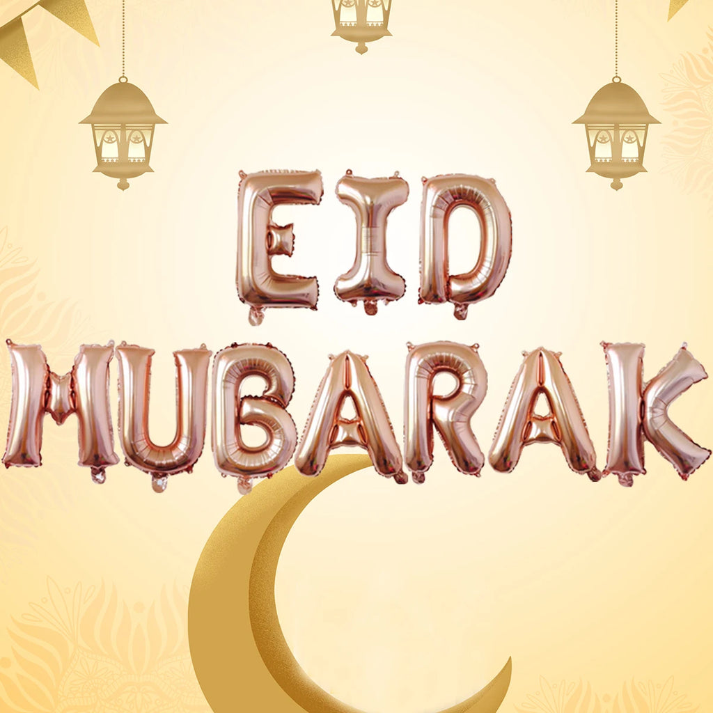 11pcs 16 inch Eid Mubarak Letter Balloons set with Ribbon Ramadan Eid al-Fitr Eid Mubarak Decorations Air Balloons Banner