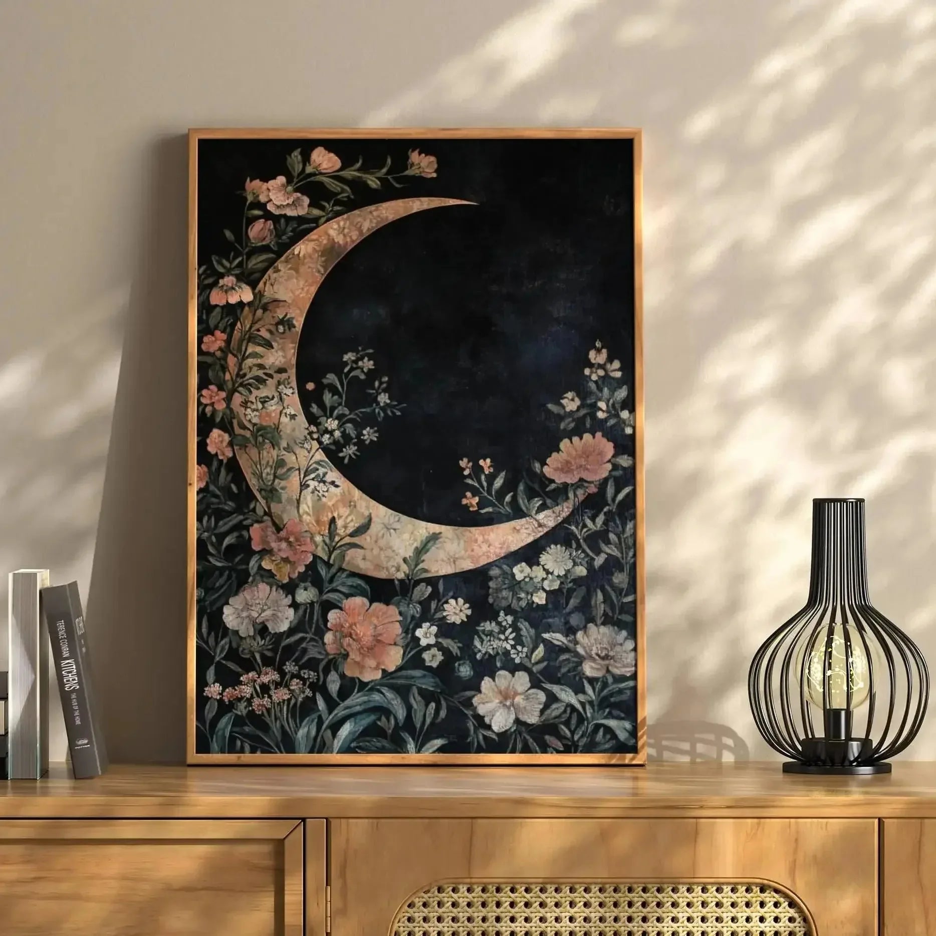 1pc Crescent Moon in Starry Night Sky Folk Art Floral Moon Stars Canvas Print Eclectic Decor Vintage Nature Wall Art Moody Decor
