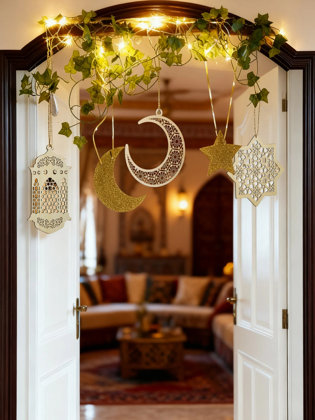Ramadan Doorway Decor Golden Moon Star Lantern Hanging Ornaments with LED String Islamic Eid Festival Home Entrance Party Gifts