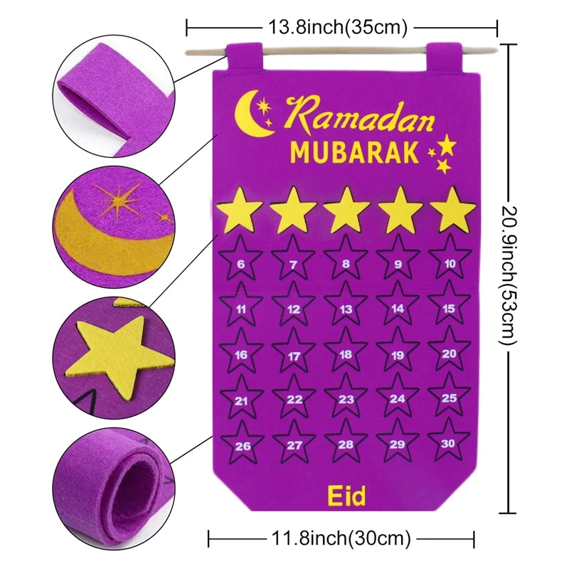 DIY Eid Mubarak Felt Ramadan Calendar With Pocket for Kids Gifts Countdown Calendrier Ramadan 2025 Kareem Muslim Party Decor
