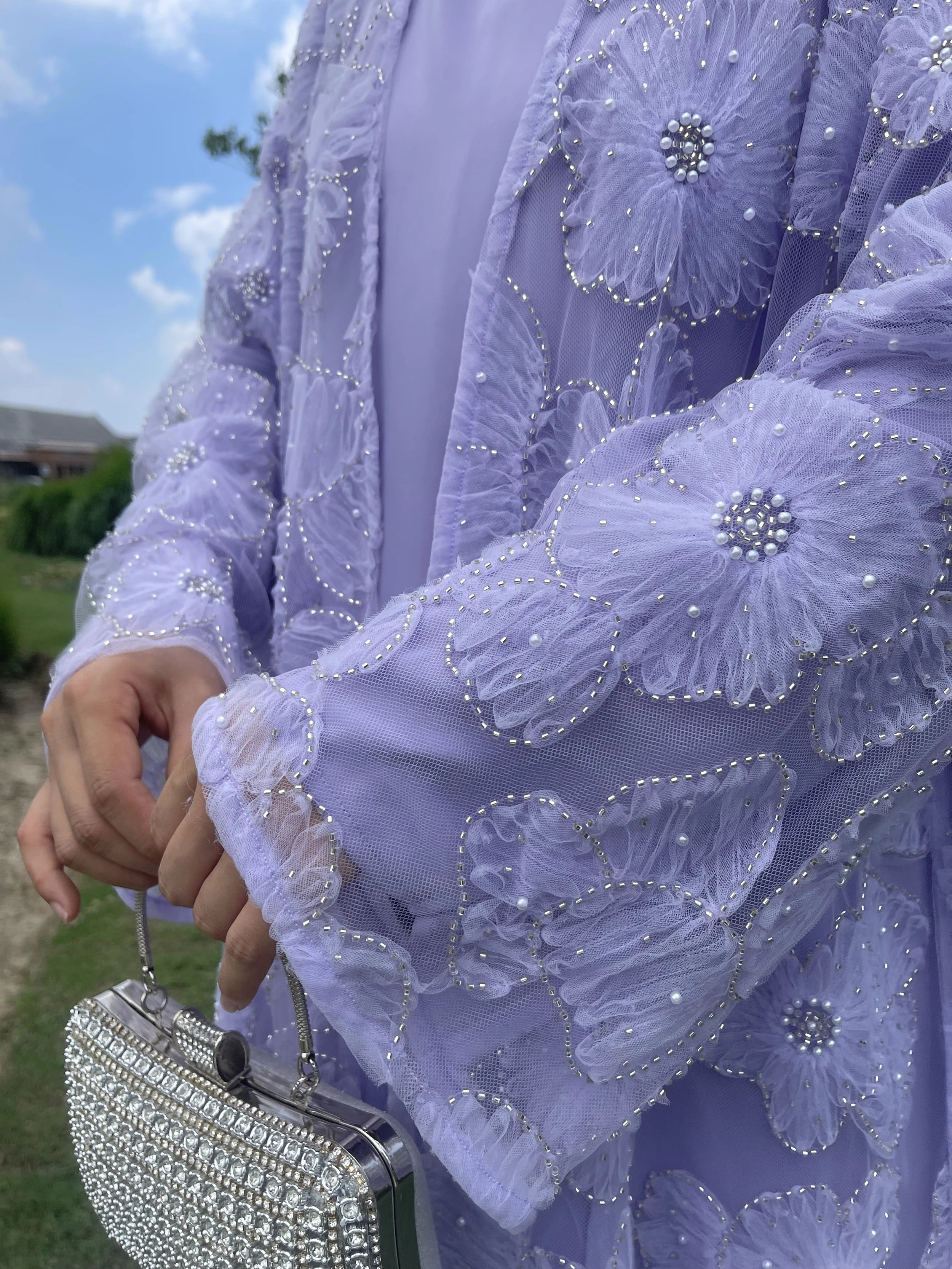 Muslim Women Two-piece Set Floral Beaded Abaya and Satin Inner Dress MSL881