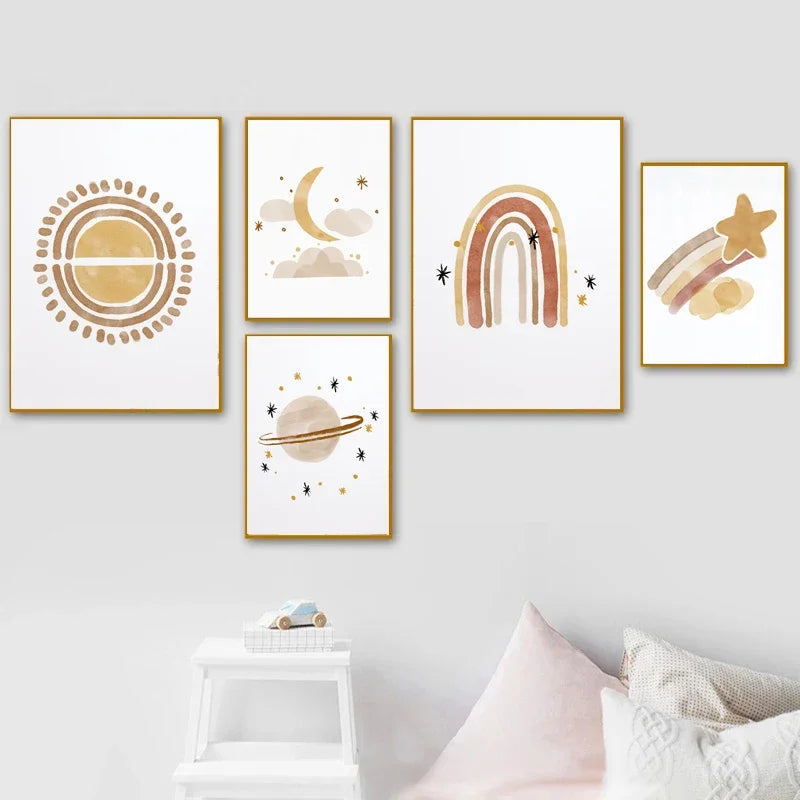 Nursery Wall Art Sun Stars Moon Earth Posters And Prints Children's Room Decoration Cartoon Universe Picture For Kid Room Poster