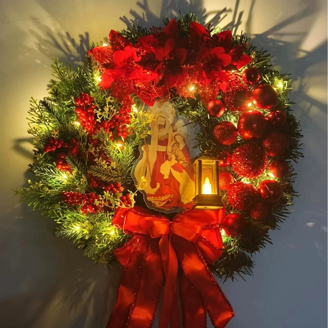 30cm Christmas Wreath With Lantern Front Door Garland With Large Bow Seasonal Ornament Christmas Decoration For Front Door Wall
