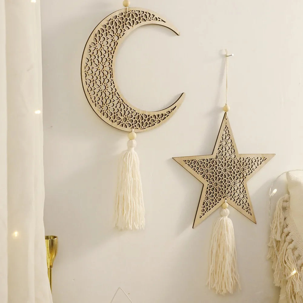 Ramadan Wooden Hanging Ornaments Moon and Star Hollow Mesh Wall Decor Islamic Eid Mubarak Muslim Decor?Ramadan Kareem Gift