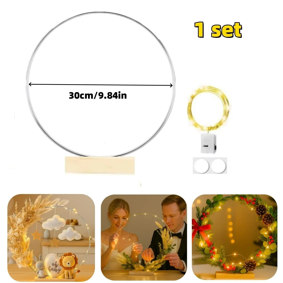 1/5/10PCS DIY Christmas Wreath with LED Lights Stand Party Metal Floral Hoop Centerpiece Table Decor Wedding Dream Catcher Rings