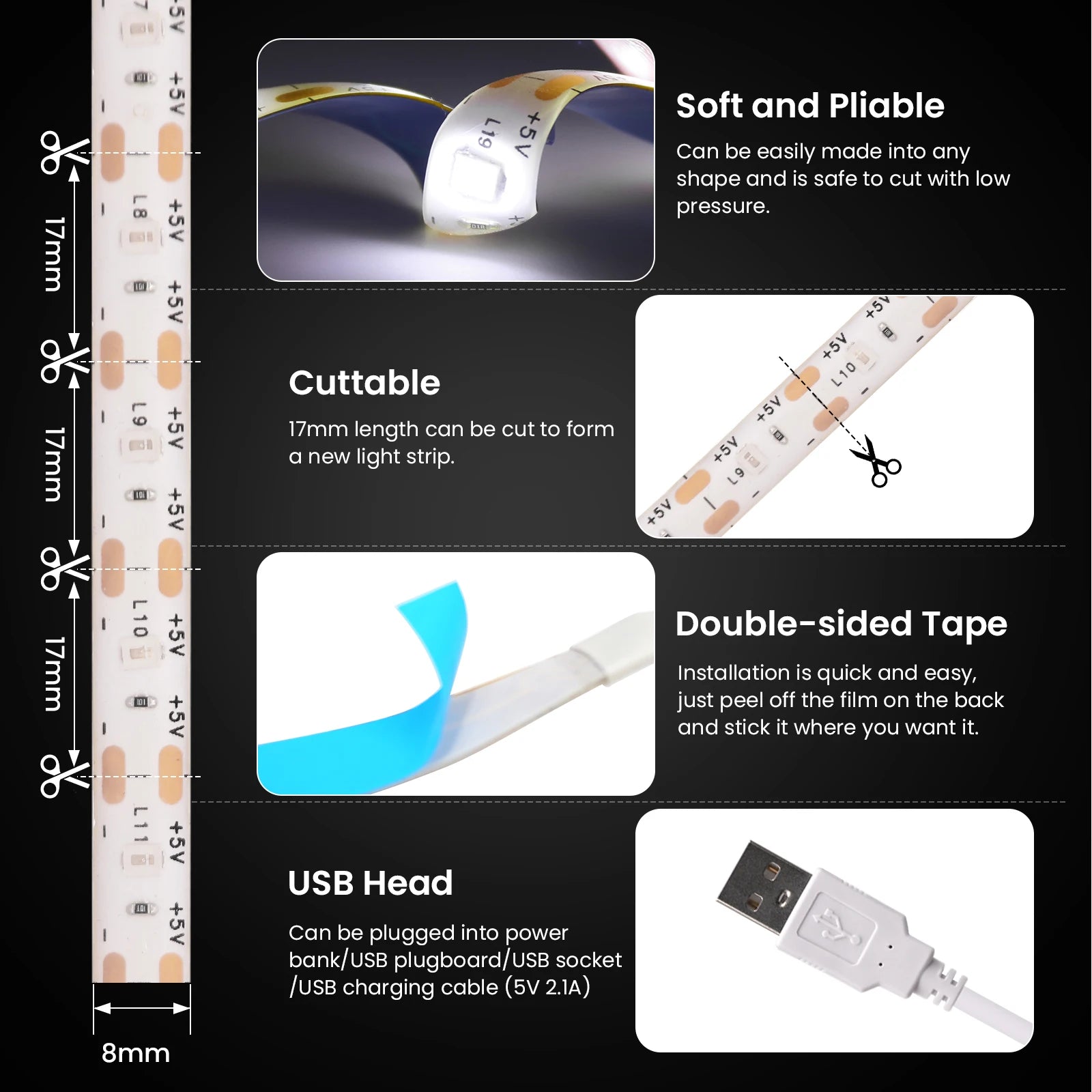 USB LED Strip Light DC5V 2835 With Dimmer/ON OFF Switch Warm Cool White Red Blue Green Pink Led Ribbon Ceiling Cabinet Light