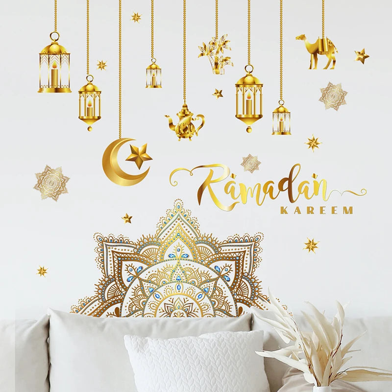 Eid Mubarak Wall Stickers Moon Star Lantern Ramadan Kareem Wall Decals Muslim Islamic Window Sticker Decorations for Home 2024