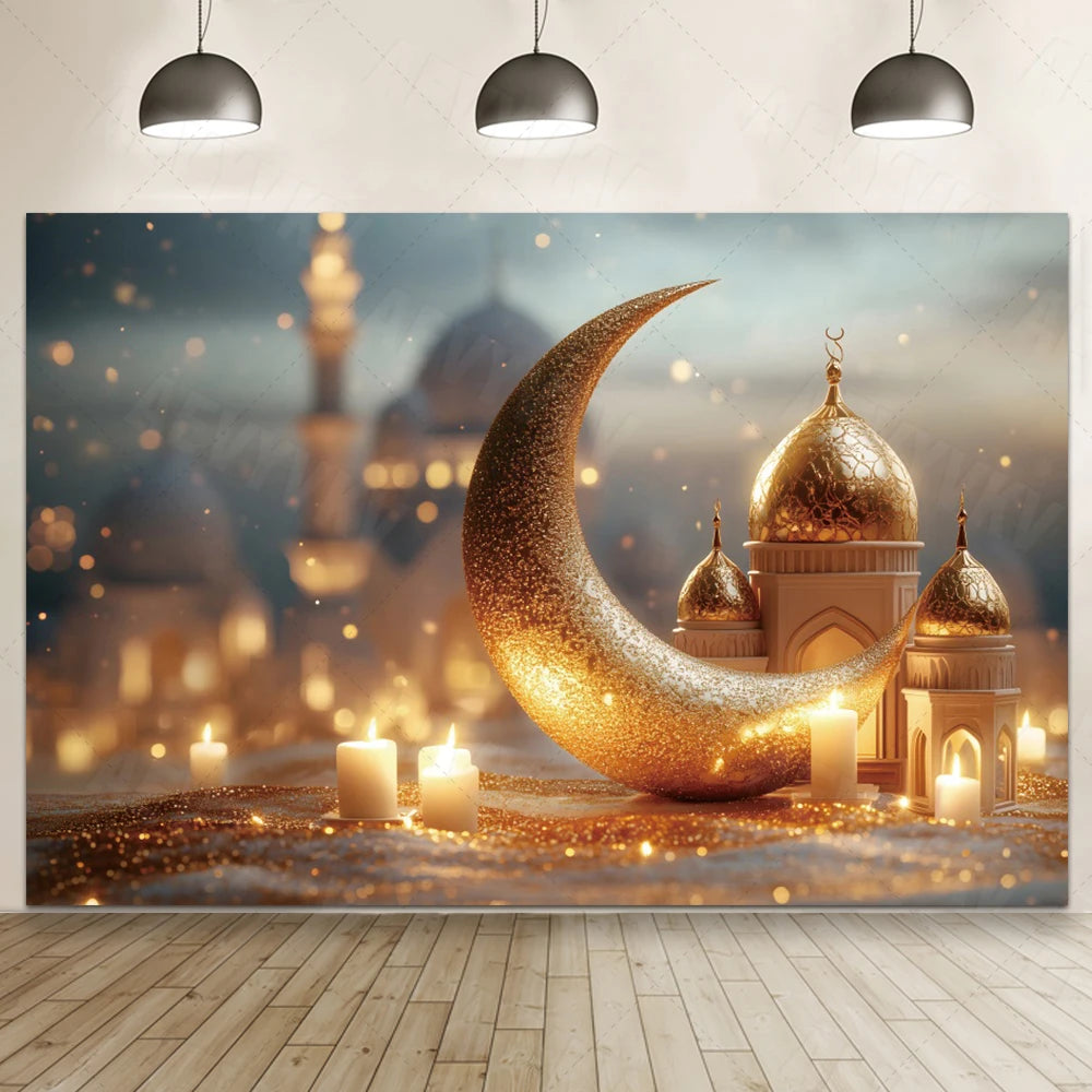 Ramadan Eid Mosque Photo Booth Backdrop Customizable Islamic Party Decoration Green Gold Banner Photography Studio Background