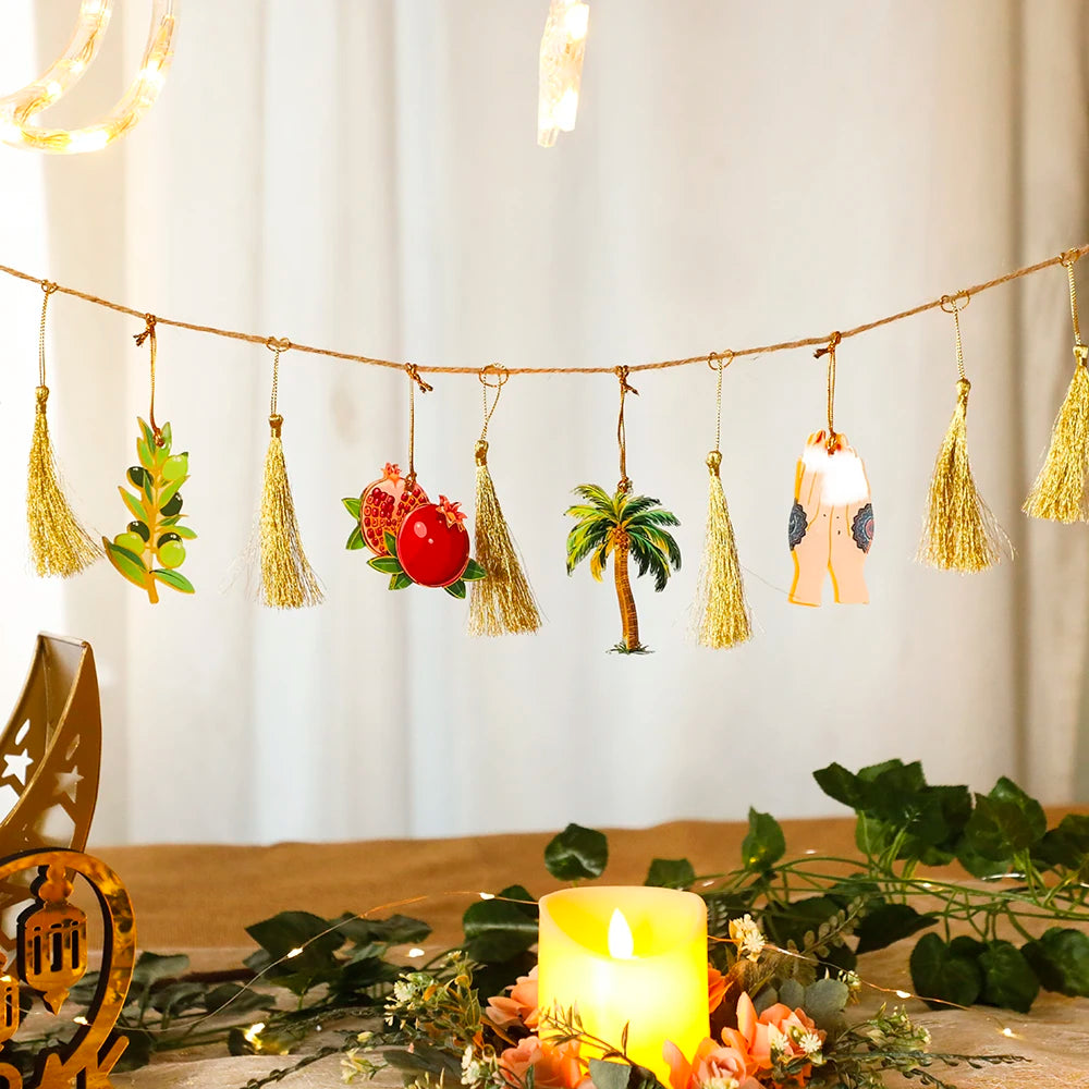 Ramadan Kareem Hanging Garland Islamic Camel Pomegranate Palm Moon Star Decor for Muslim Festival Home Party Wall Ornament Gifts