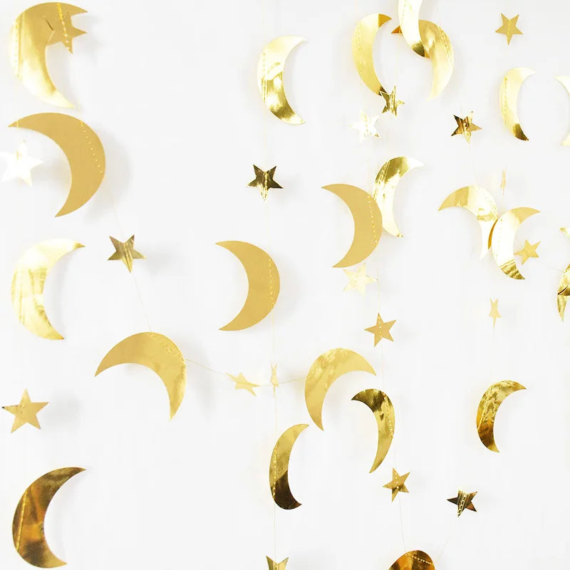 1pc Eid Mubarak Paper Garland Moon & Star Hanging Decor, Festival Wall Decoration for Ramadan Celebration, Home Decor