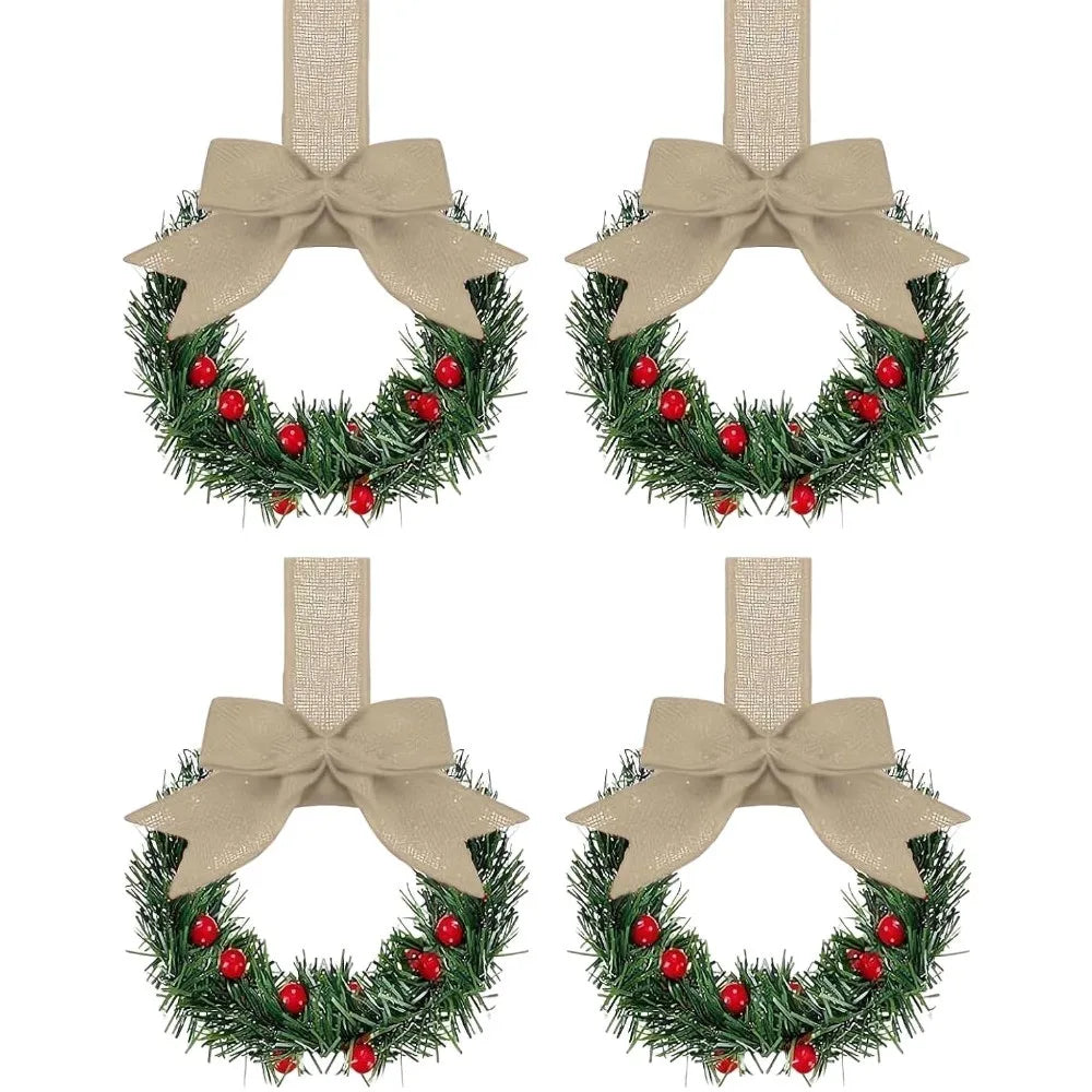 4pcs Christmas Mini Wreath Cabinet Window Hanging Decorations with Red Bow and Fruit for Party Decoration wreath door decoration