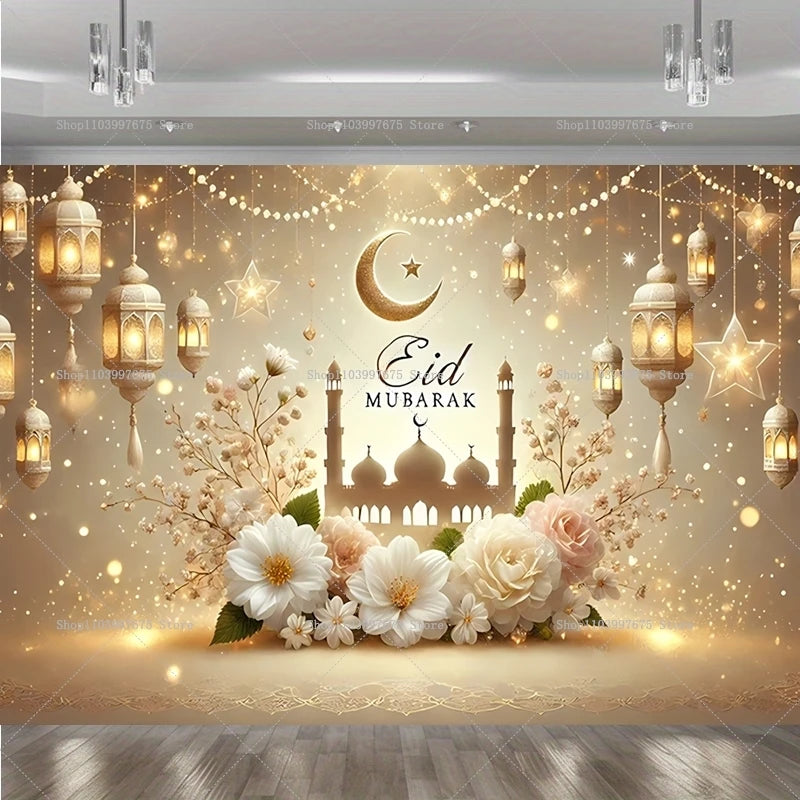 2D Ramadan Golden Crescent Moon Backdrops Eid Mubarak Party Decor Photography Background Banner Studio Photo Booth Props