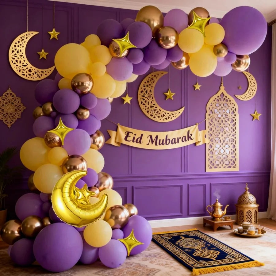 113Pcs Eid Mubarak Balloon Decoration Set Purple Yellow Gold Balloon Arch Kit with Moon Star Foil Balloons for Ramadan Eid Party