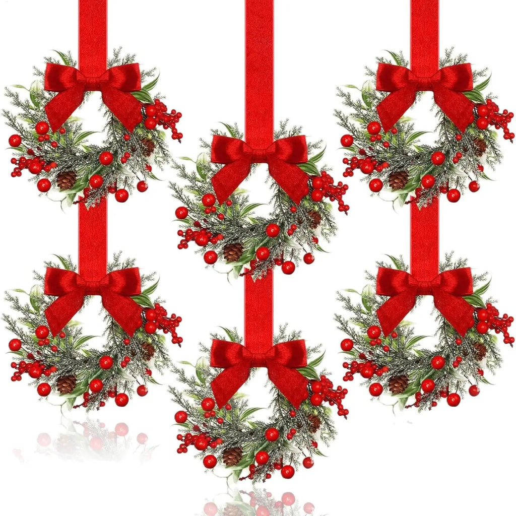 6pcs Christmas Mini Wreaths Window Door Hanging Ribbon Bows Red Berries Christmas Party Home Decorations 2025 Xmas Navidad