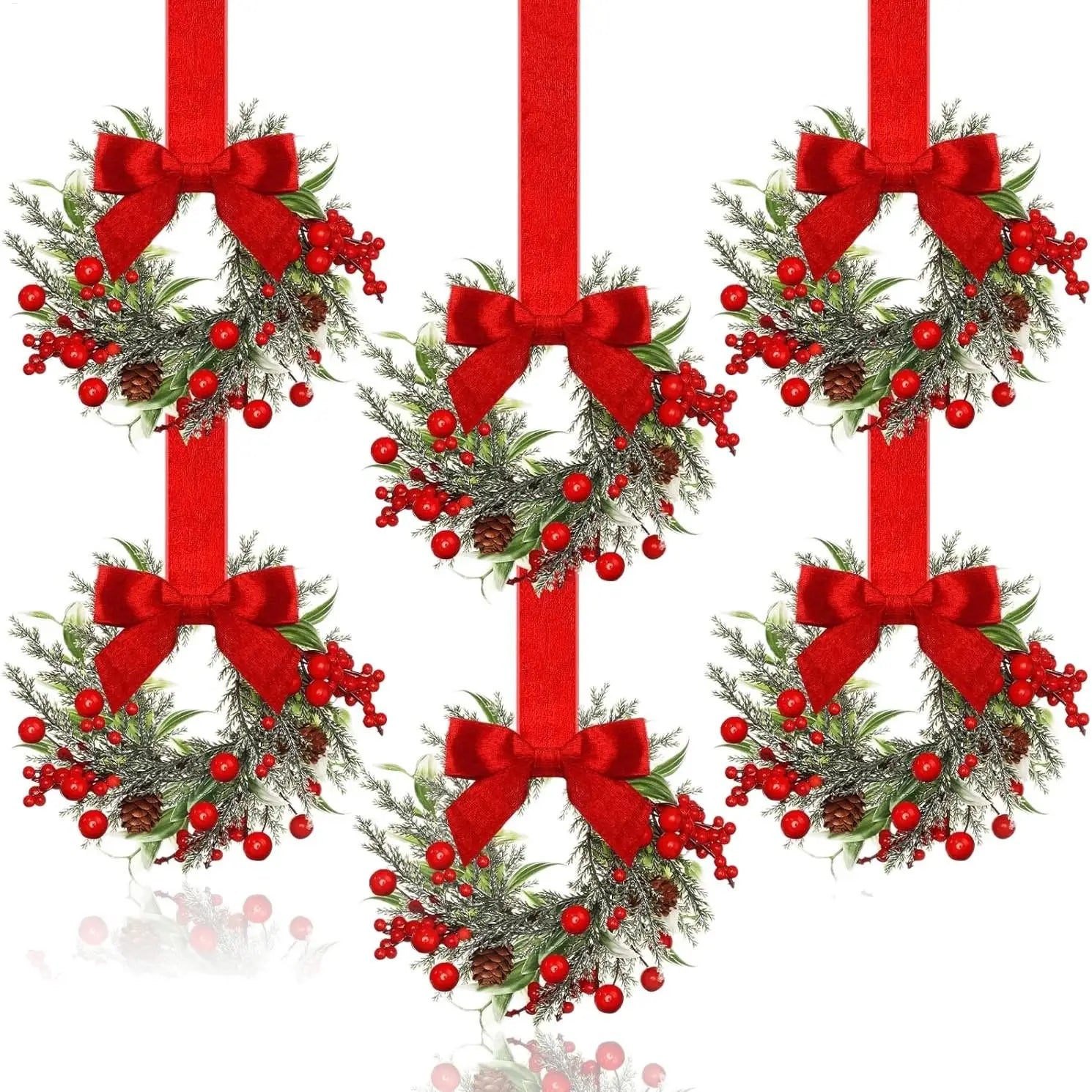 6pcs Christmas Mini Wreaths Window Door Hanging Ribbon Bows Red Berries Christmas Party Home Decorations 2025 Xmas Navidad