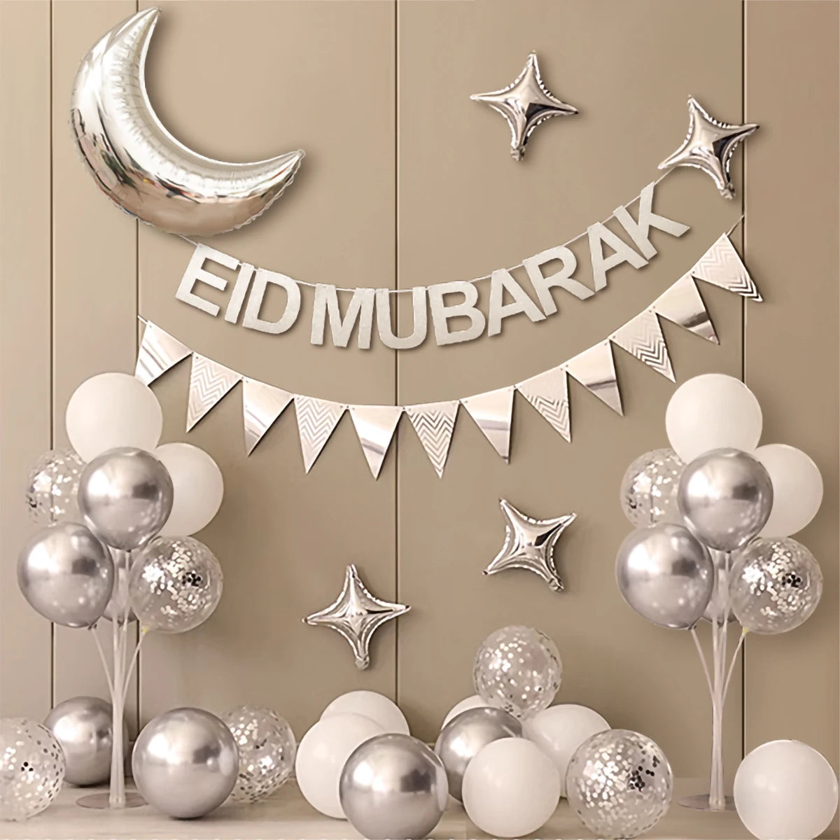 Ramadan Eid Mubarak Moon Stars Gold Silver Balloon Set Party Decoration Set up 1 Set 35 Pieces