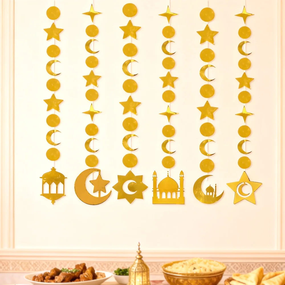 Gold Star Crescent Castle Hanging Garland - Ramadan Eid Party Decor - Moon Festival Streamer Ornament