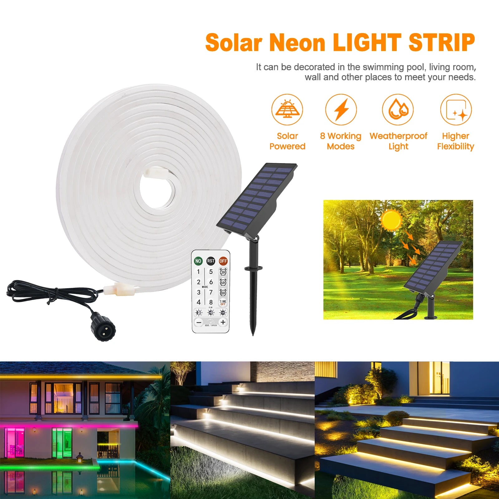 10M Solar Neon LED Strip Outdoor Pool IP67 Waterproof Flexible 2835 LED Tape Light Sign With Remote 24V 120LEDs/M Tube Diode