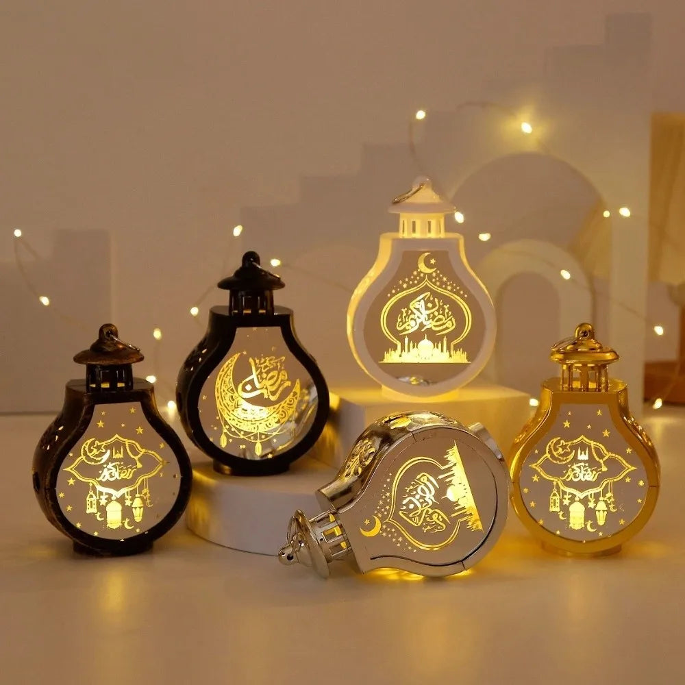 Eid Mubarak Moon Ramadan Decoration LED Lantern Plastic Handheld Moon Lantern Castle Lights Islamic Party Decoration