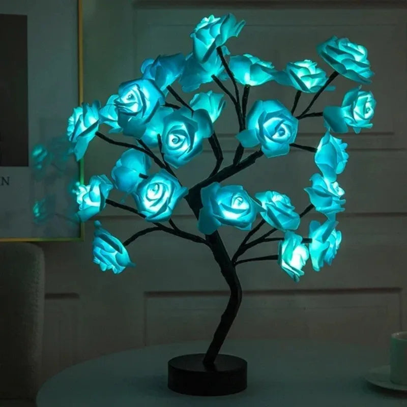 LED Rose Flower Tree Table Lamp USB Powered with Switch Warm White Fairy Night Light for Home Bedroom Wedding Xmas Party Decor