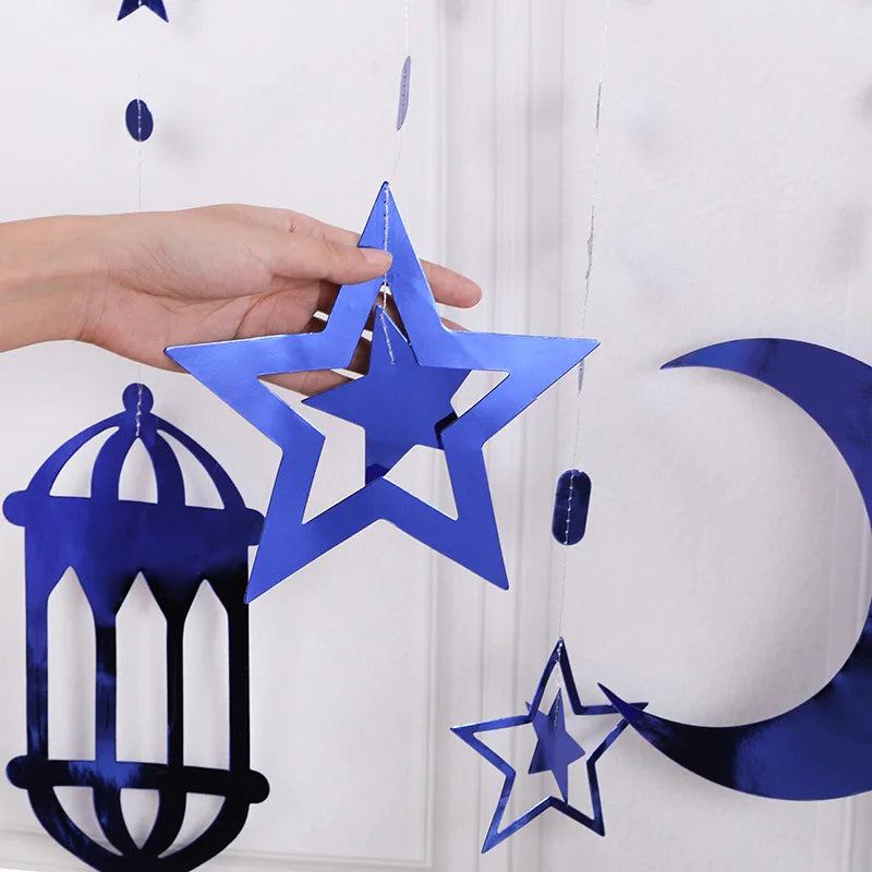 Ramadan Gold Silver Star Moon Lantern Hanging Streamer Garland Eid Mubarak Home Decoration 2025 Muslim Islamic Party Supplies