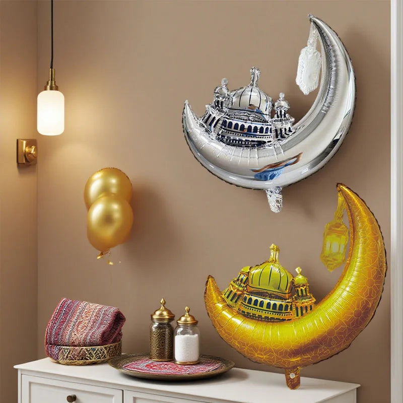 2Pcs Ramadan Mubarak Decoration Star Moon Foil Balloons Eid Mubarak Balloons Set Muslim Islamic Festival Party Decoration