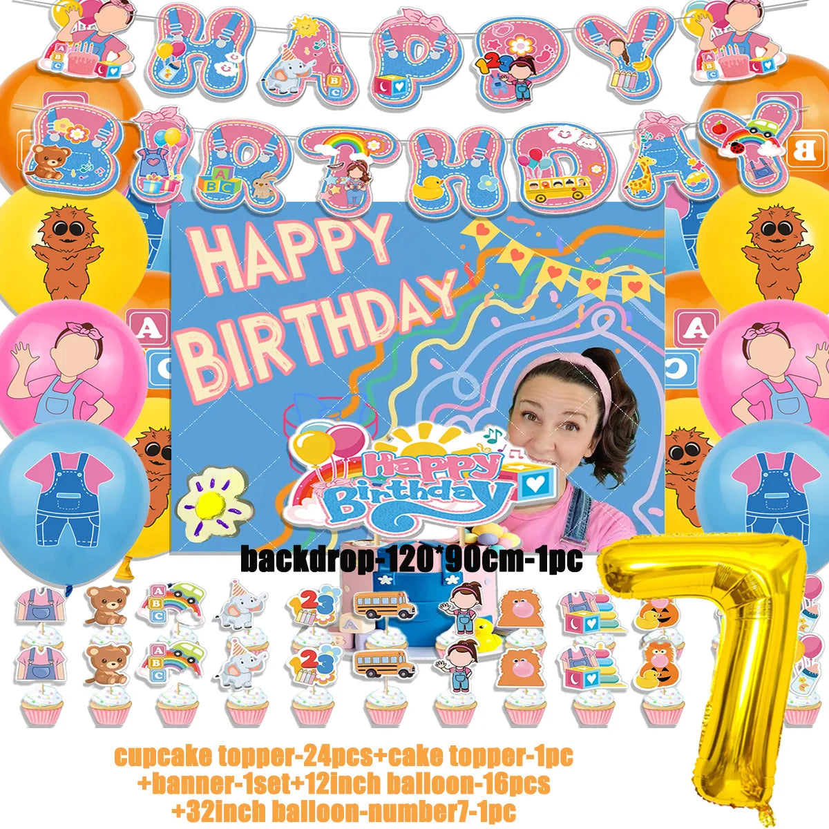 Cartoon English Teacher Theme Child Birthday Party Decor Ms&Racheled Balloon Banner Backdrops Cupcake Toppers for Kids Gifts