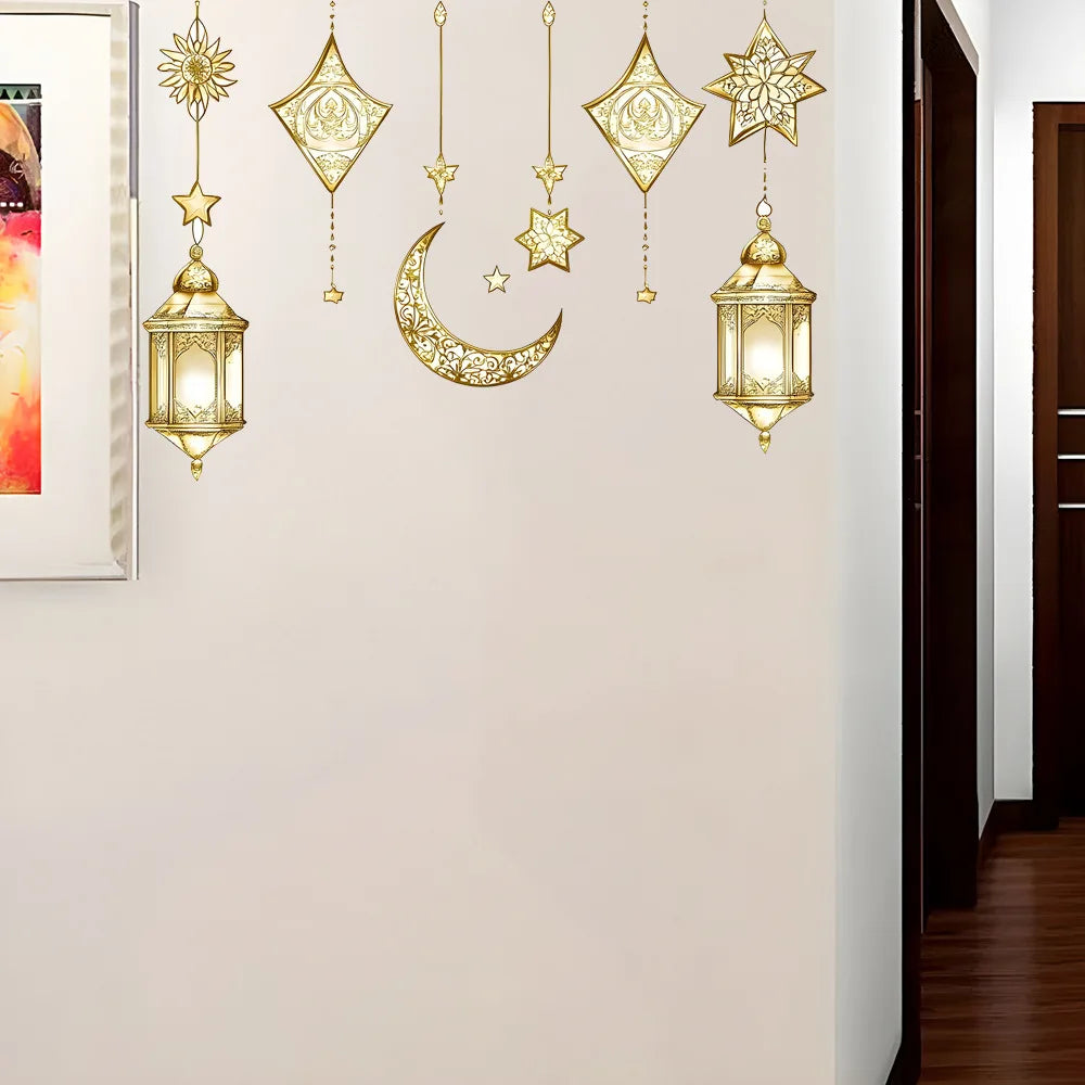 Eid Mubarak Wall Stickers Star Moon Lantern Ramadan Kareem Wall Decals Muslim Islamic Window Sticker Decorations