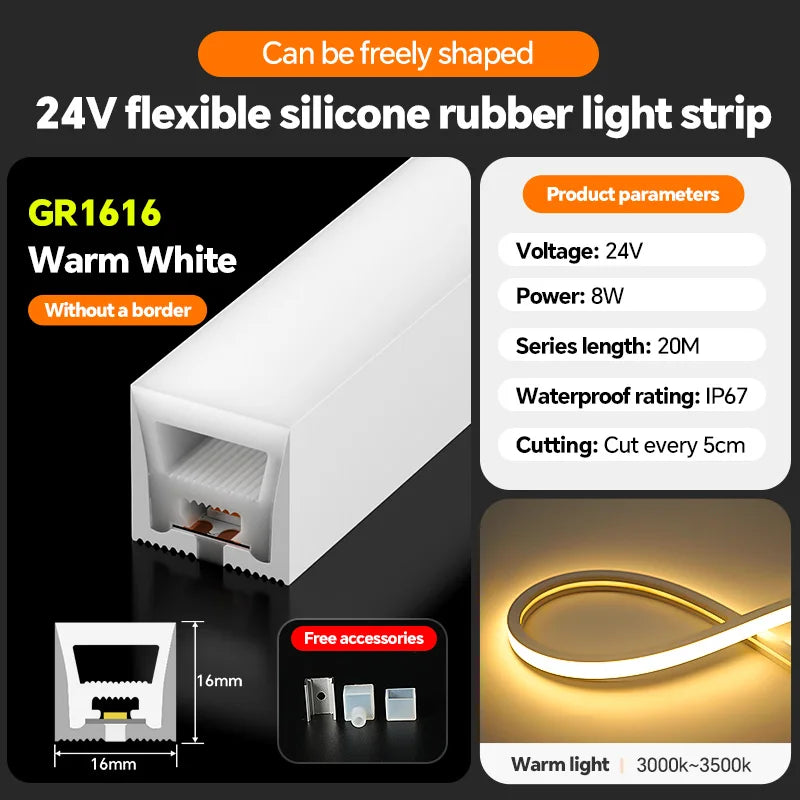 LED silicone light strip, linear light strip, embedded, 24V, waterproof, flexible, curved shape light