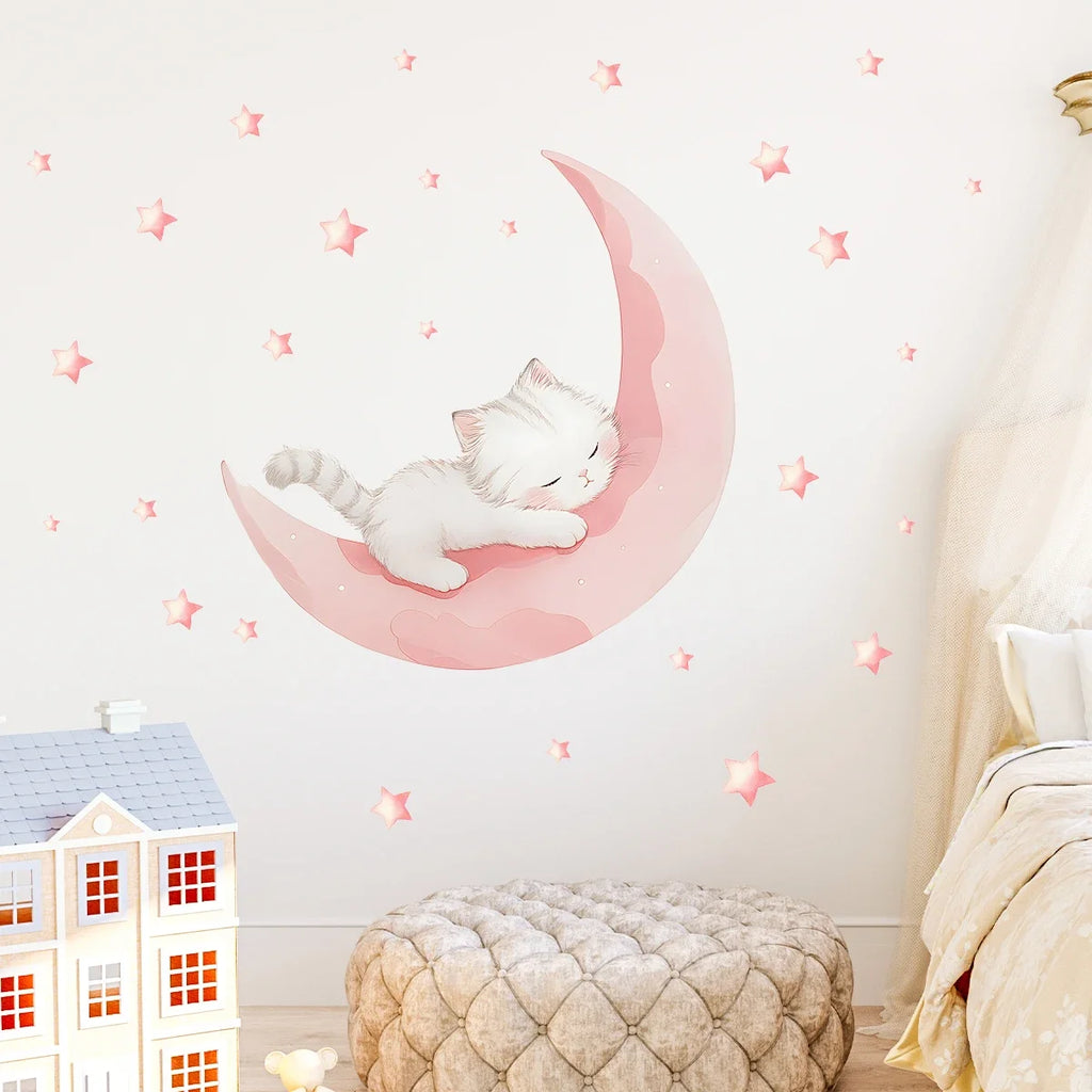 Cartoon Pink Moon Cute Cat Sleep Wall Stickers Baby Room Star Home Decor Accessories Living Room Bedroom Decoration Kids Room