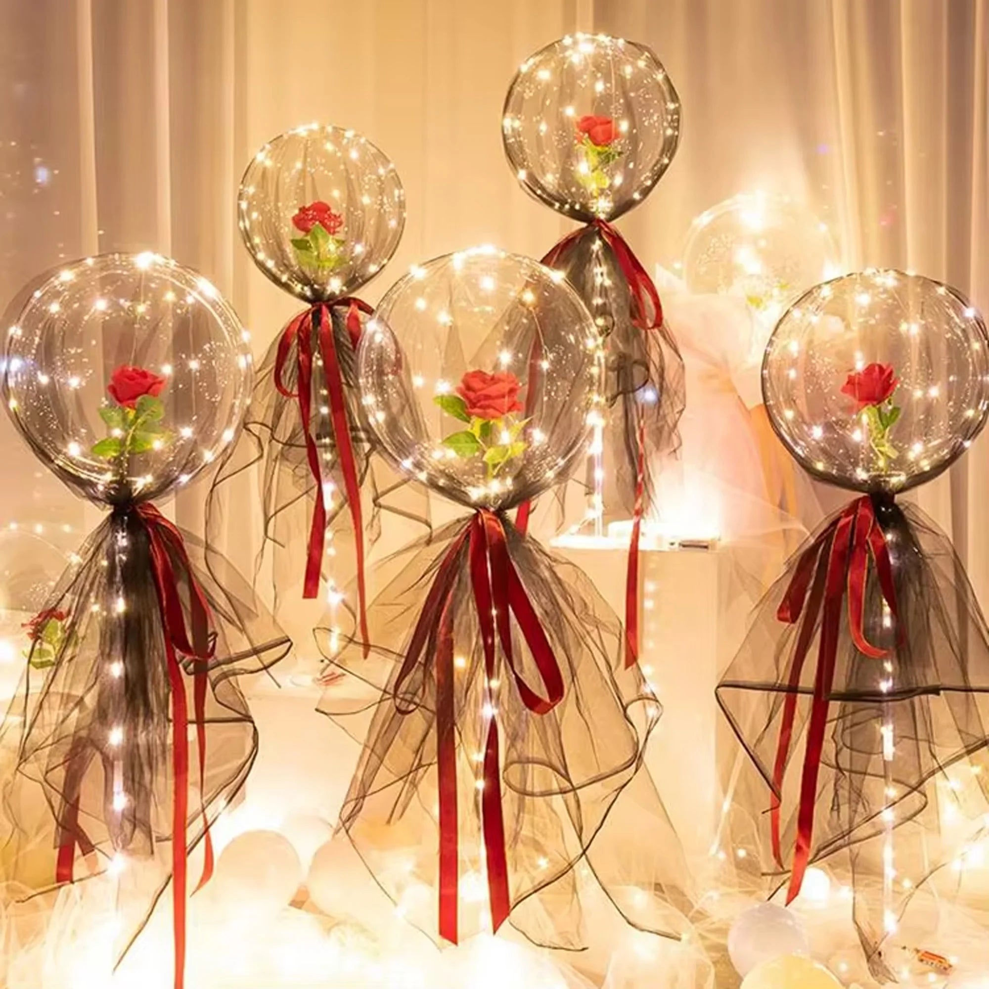 LED light rose bouquet transparent wave balloon, suitable for weddings, anniversaries, birthdays, Valentine's Day, bridal shower