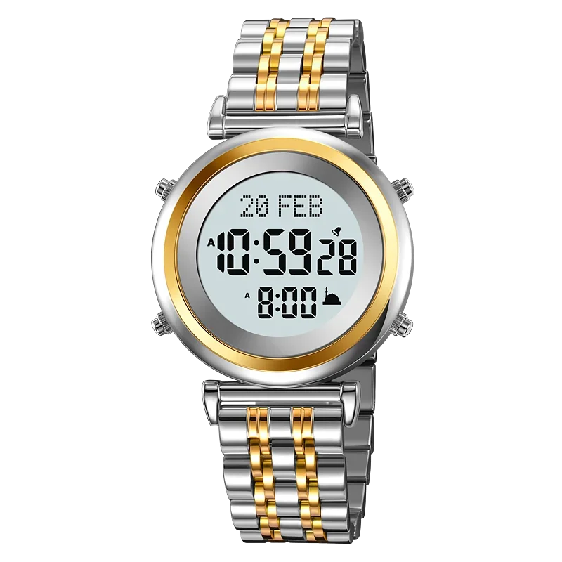 Muslim Azan Digital Watch Mens Back Light Waterproof Steel Hijri Islamic Wristwatch Prayer Qibla Compass Alarm Clock