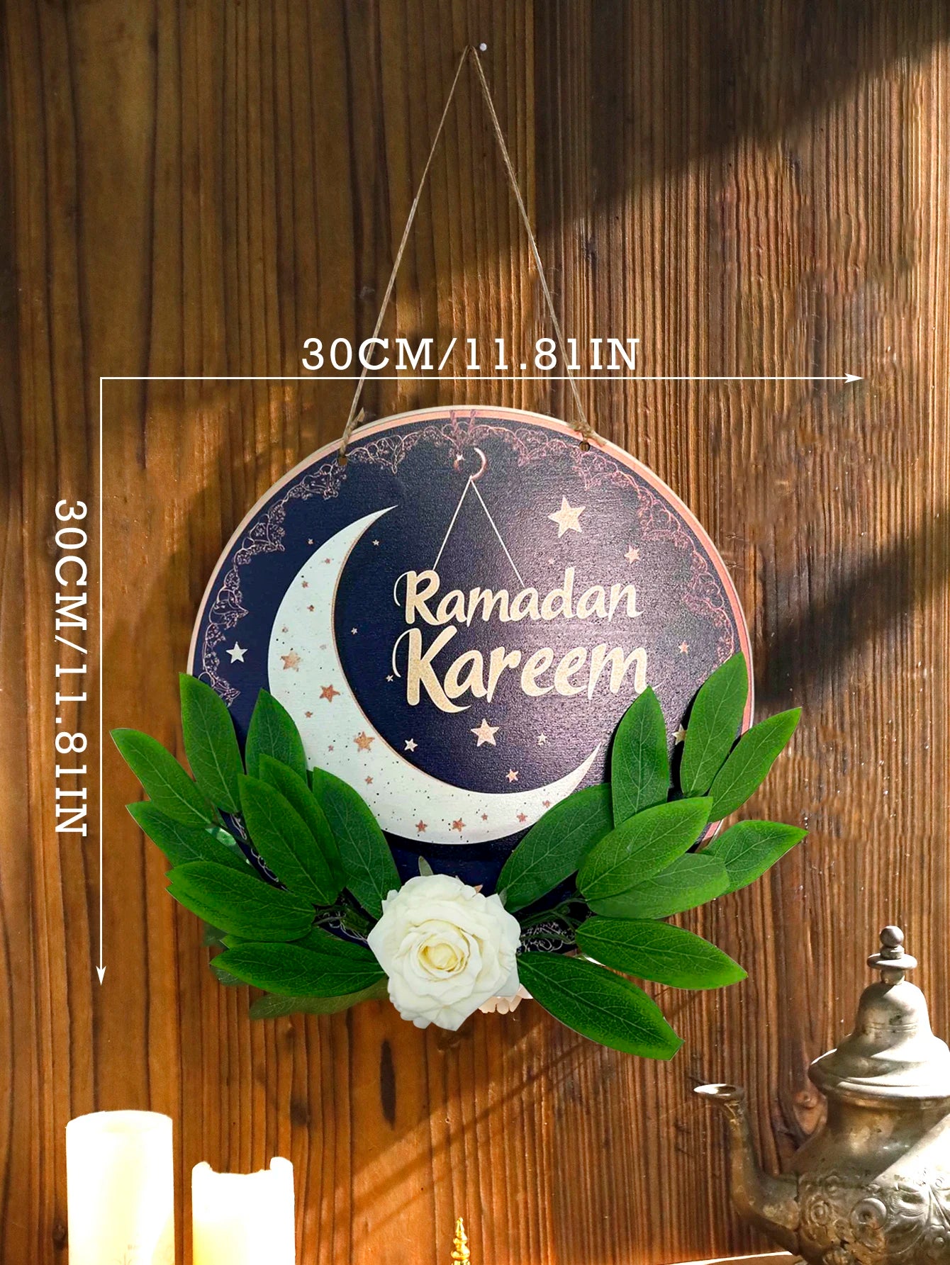 Ramadan Kareem Hanging Door Sign Floral Decor with Moon Star Lantern Design Islamic Festive Decorations for Home & Outdoor Gift