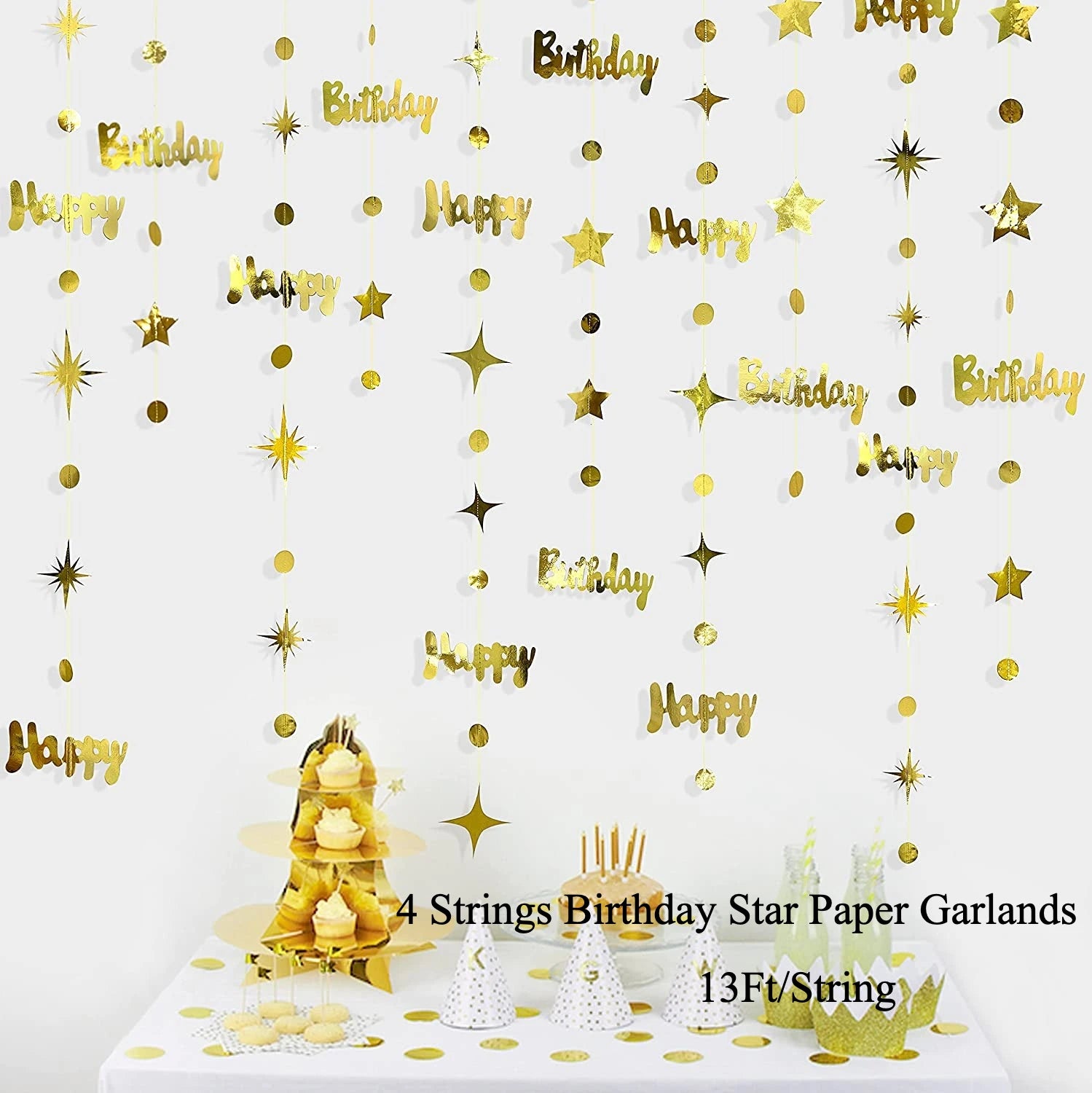 Gold EID Party Decorations Happy Birthday Banners Circle Twinkle Star Garland Metallic Tinsel Banners Hanging Streamer Backdrop