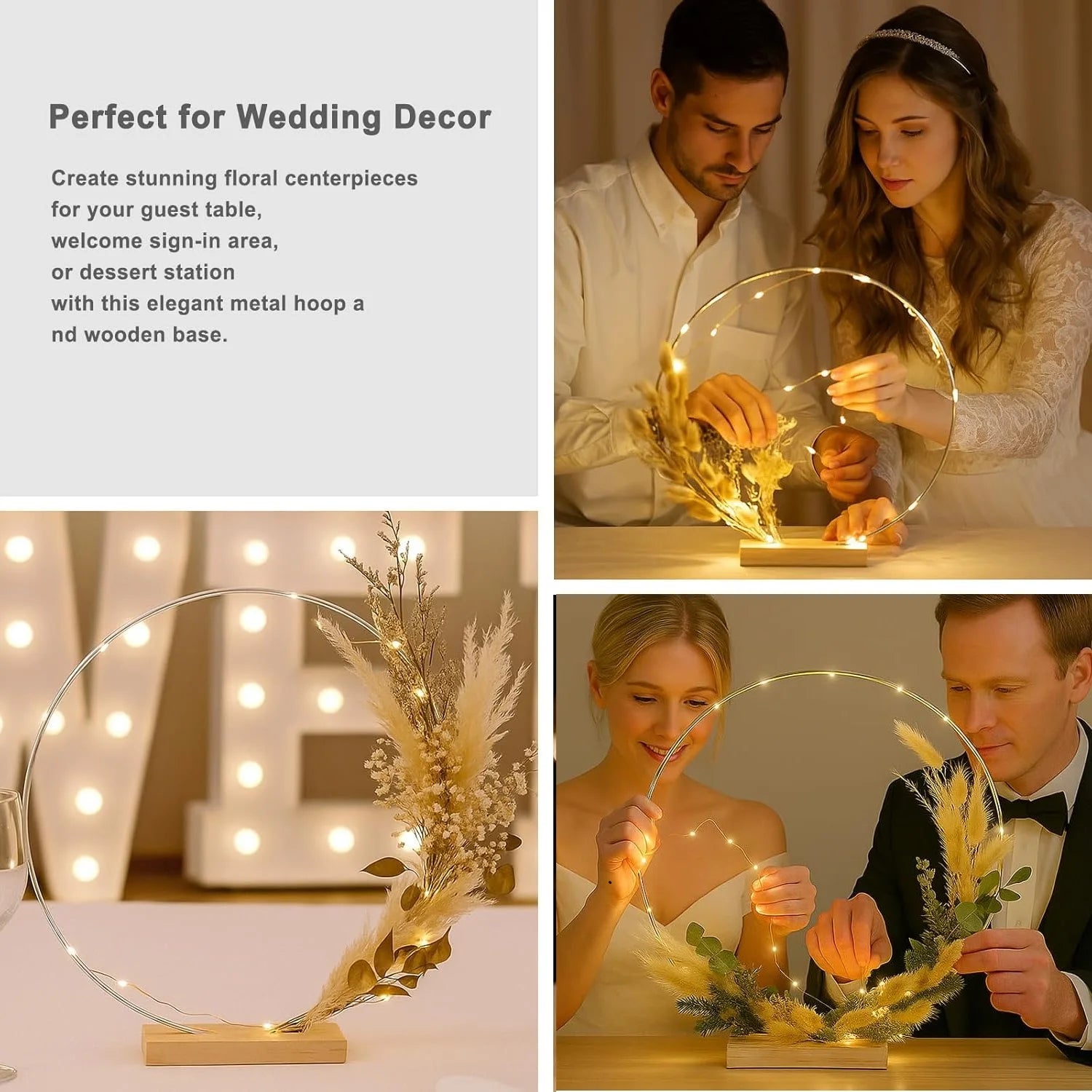 1/5/10PCS DIY Christmas Wreath with LED Lights Stand Party Metal Floral Hoop Centerpiece Table Decor Wedding Dream Catcher Rings