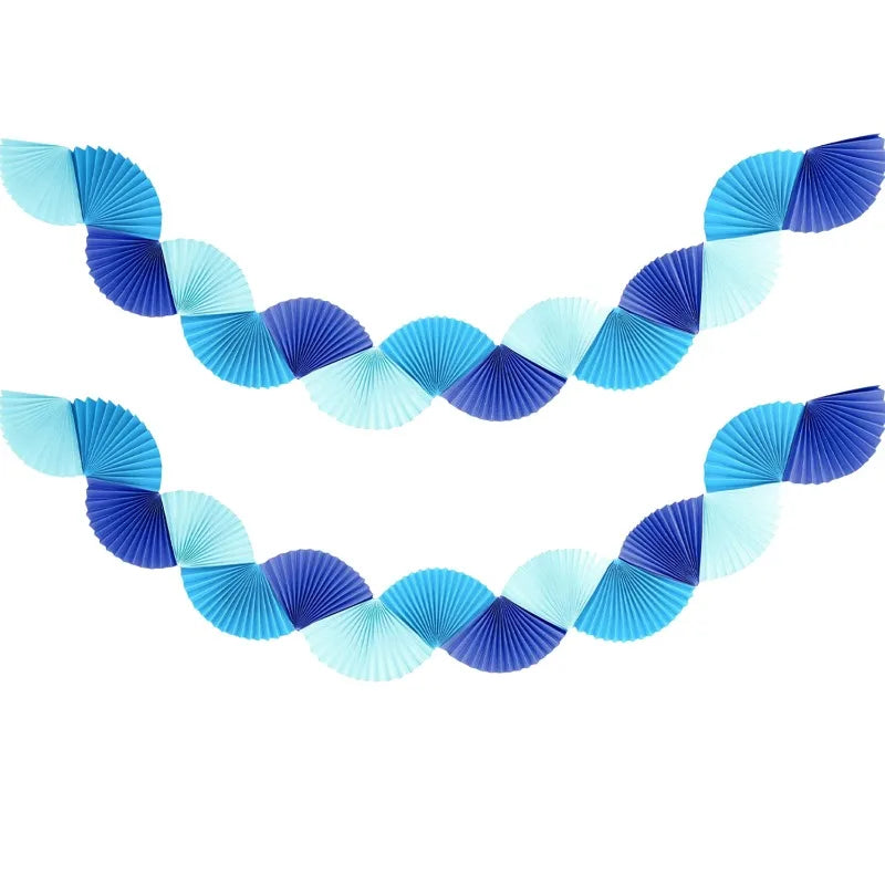 Blue Paper 3D Fans Flower Garland Hanging Flower Banner Wall Decoration for Wedding Birthday Baby Shower Party Streamer Decor