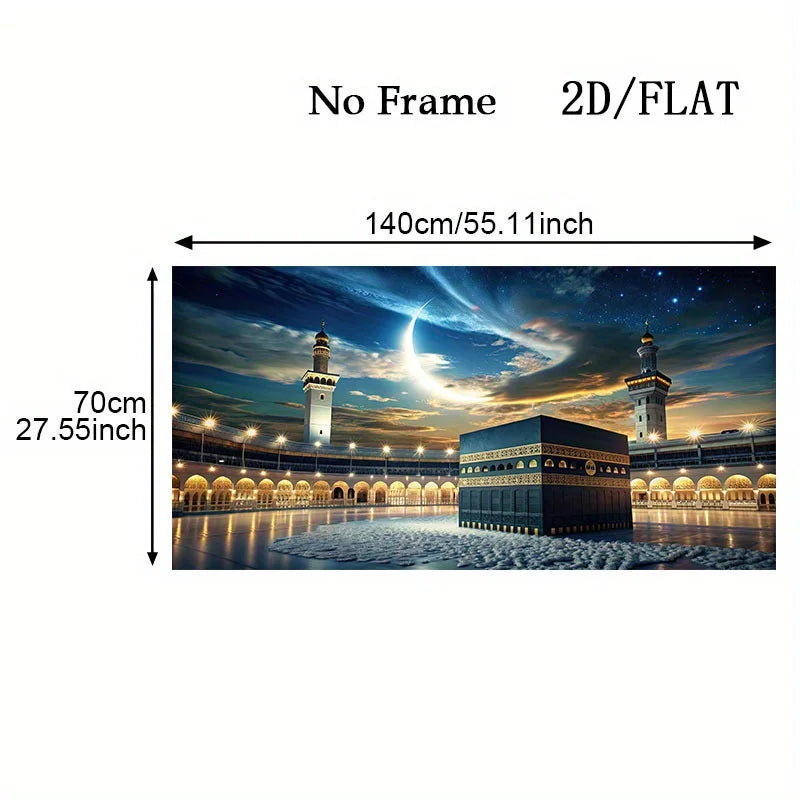 Kaaba At Mecca with Crescent Moon & Starry Sky Canvas Painting Wall Art, Frameless Large Islamic Wall Art for Living Room Decor