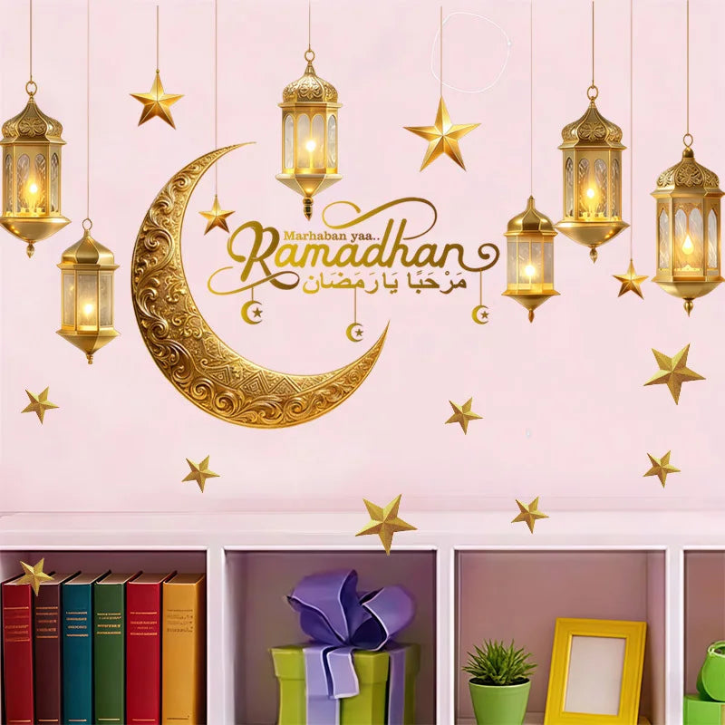 Ramadan Wall Decor Stickers Islamic Muslim Wall Decals Eid Mubarak Ramadan Lantern Moon Star Window Decor for Home Decorations