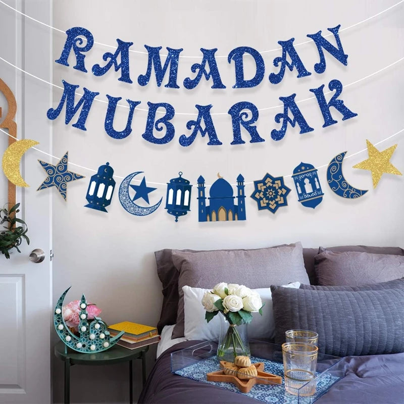 Ramadan Kareem Paper Banner EID Mubarak Star Moon Bunting Garland Hanging Ornament 2025 Islamic Muslim Party Home Decorations