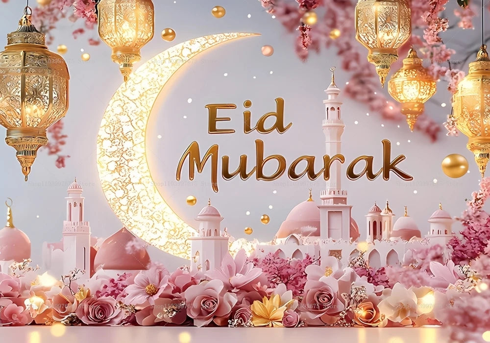 2D Ramadan Golden Crescent Moon Backdrops Eid Mubarak Party Decor Photography Background Banner Studio Photo Booth Props