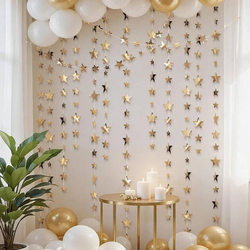 Champagne Gold Party Decorations Star Dots Garlands  Hanging Paper Heart Streamer Banner Wedding Valentine Day Party Flag Decor
