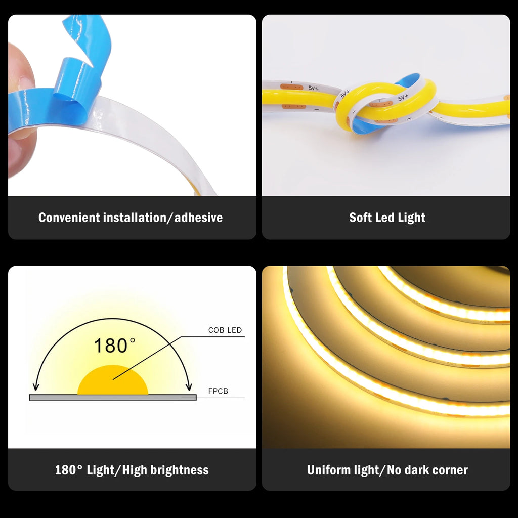 5V COB LED Light Strip With Touch Dimmer/ON OFF Switch/3Key Dimmer 320LEDs/M High Density LED Lamp Room Bar TV Backlight 9Colors