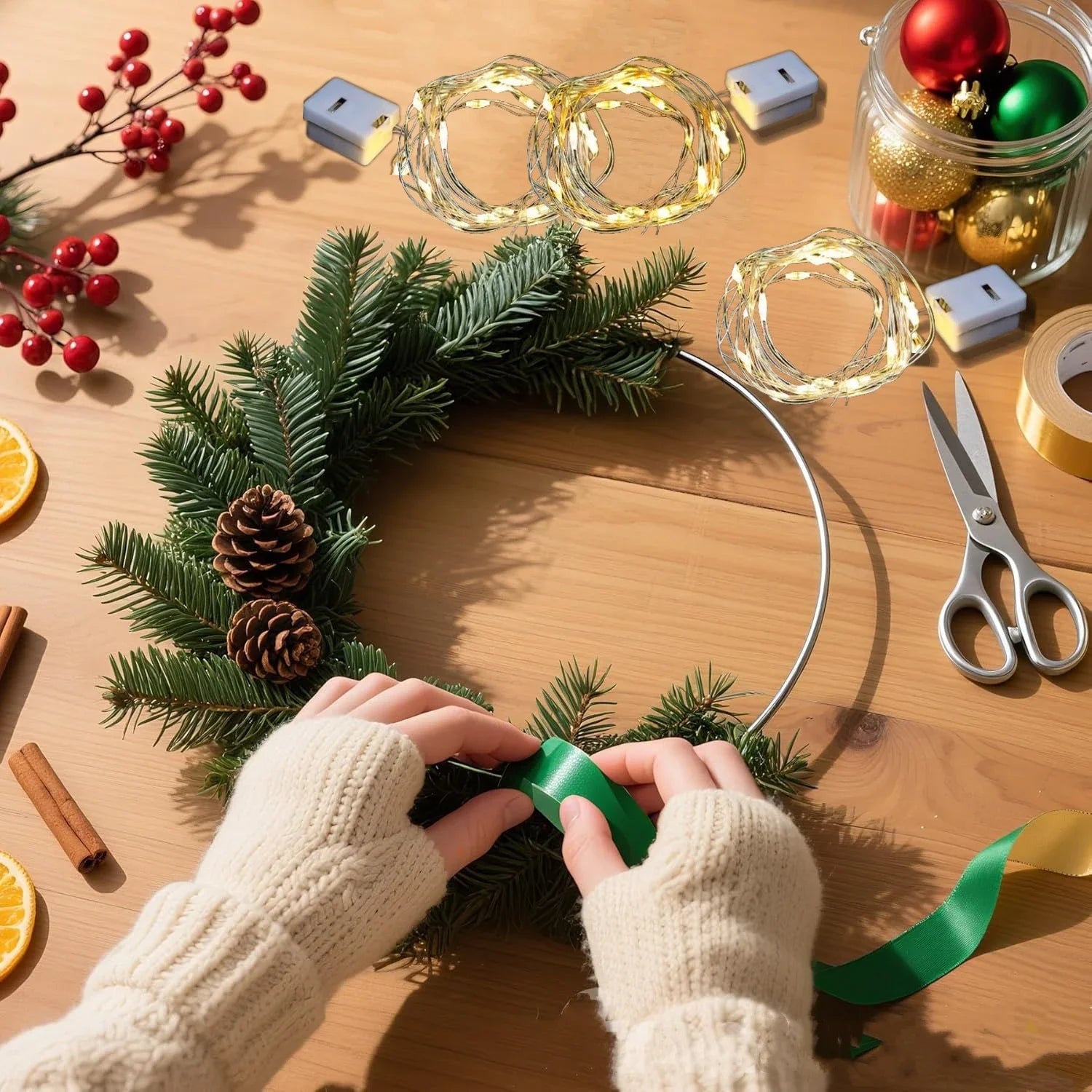 1/5/10PCS DIY Christmas Wreath with LED Lights Stand Party Metal Floral Hoop Centerpiece Table Decor Wedding Dream Catcher Rings