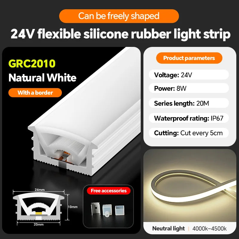 LED silicone light strip, linear light strip, embedded, 24V, waterproof, flexible, curved shape light