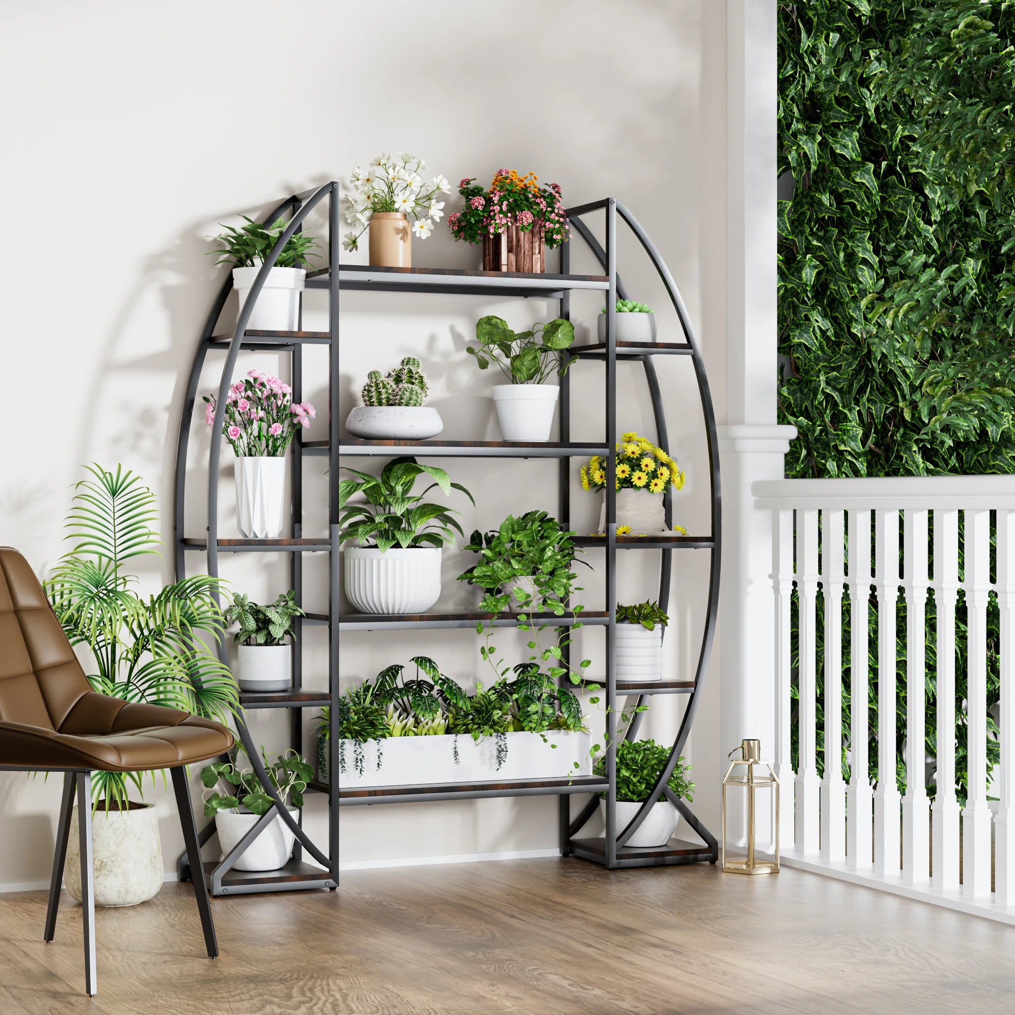 Half-Moon Shape Plant Stand Industrial Bookshelf Storage Shelf Multilayer Garden Flower Rack