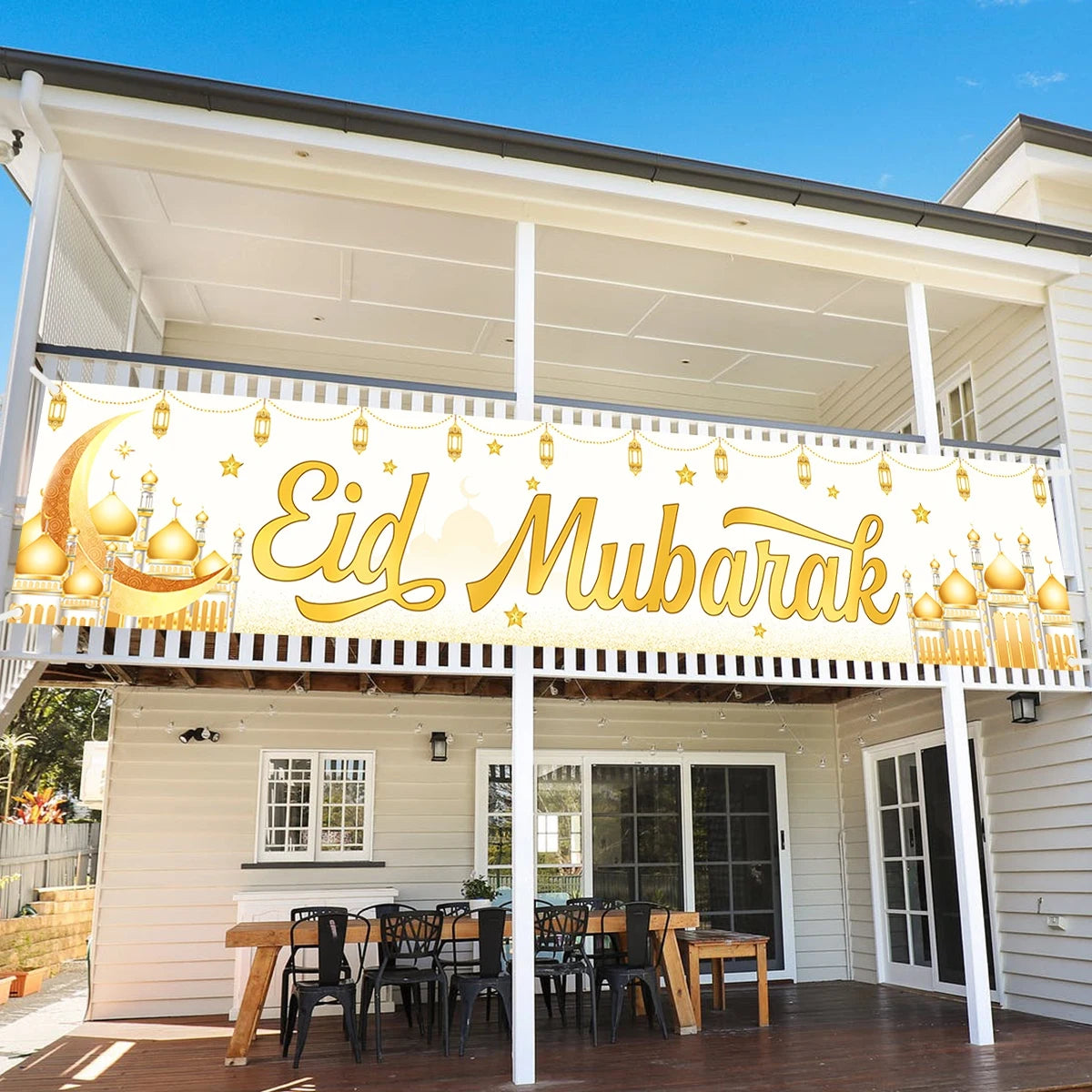 Eid Mubarak Backdrop Moon Star Castle Pattern Ramadan Decorations Banner for Home Islamic Muslim Party Supplies Eid Al-fitr Gift